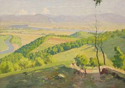 Festmény: panoráma a helembai dombokról a folyóvölgy felé